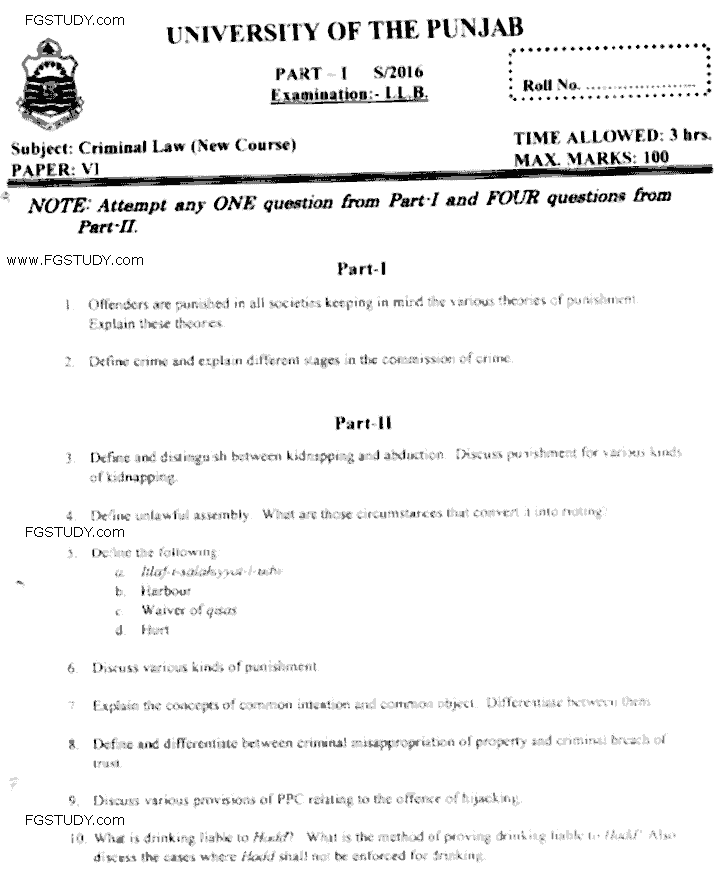 LLB Part 1 Criminal Law Past Paper 2016 Punjab University