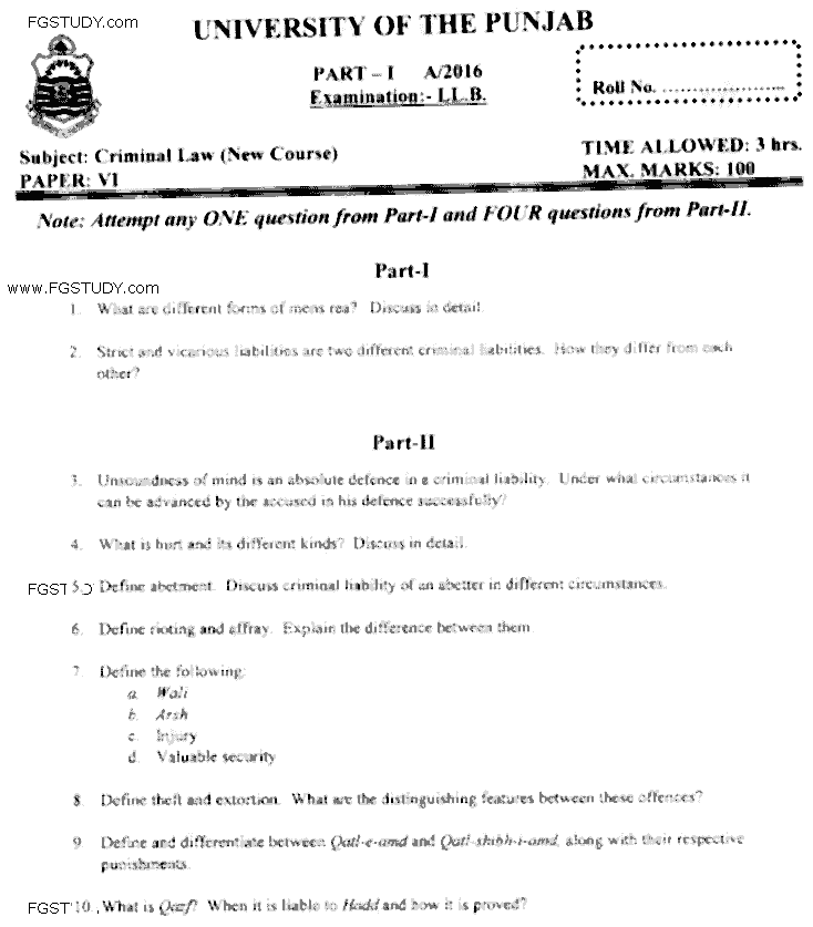 LLB Part 1 Criminal Law Past Paper 2016 Punjab University