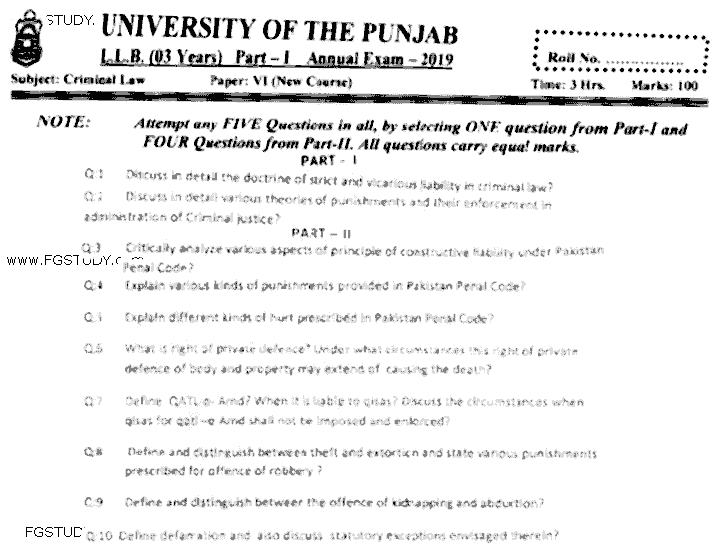 LLB Part 1 Criminal Law Past Paper 2019 Punjab University