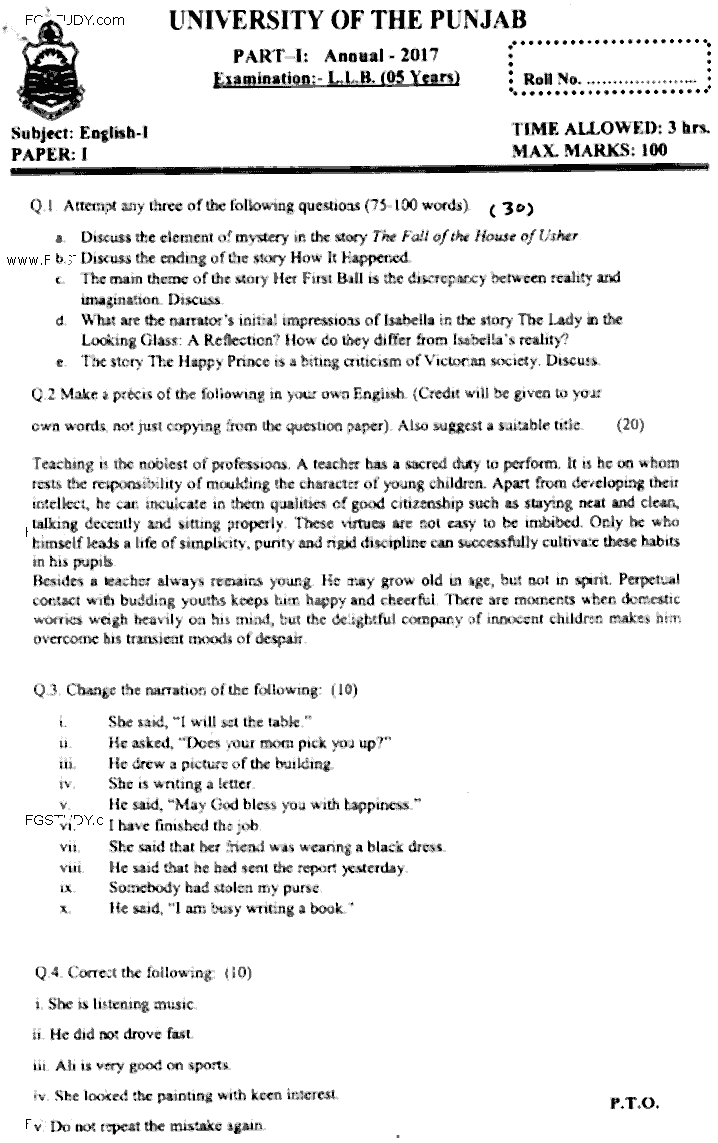 LLB Part 1 English 1 Past Paper 2017 Punjab University