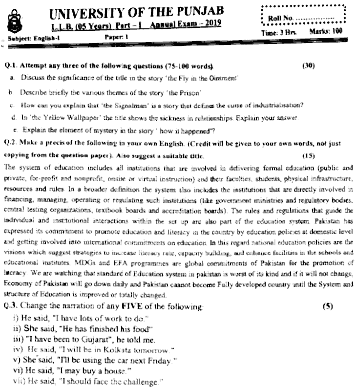 LLB Part 1 English 1 Past Paper 2019 Punjab University