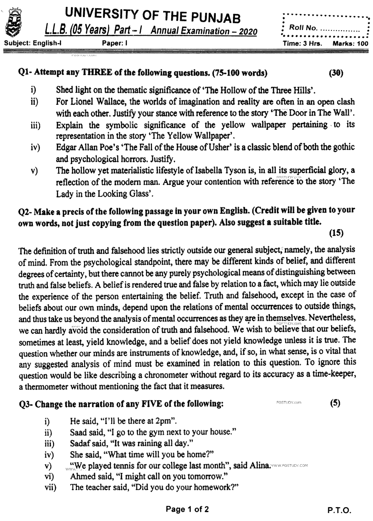 LLB Part 1 English 1 Past Paper 2020 Punjab University