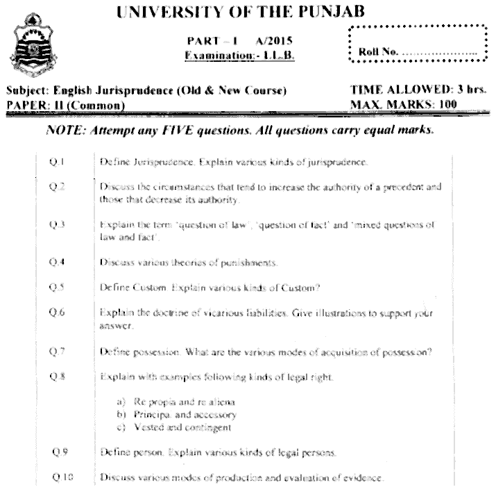 LLB Part 1 English Jurisprudence Past Paper 2015 Punjab University
