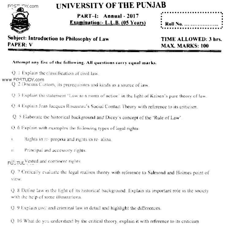 LLB Part 1 Introduction To Philosophy Of Law Past Paper 2017 Punjab University