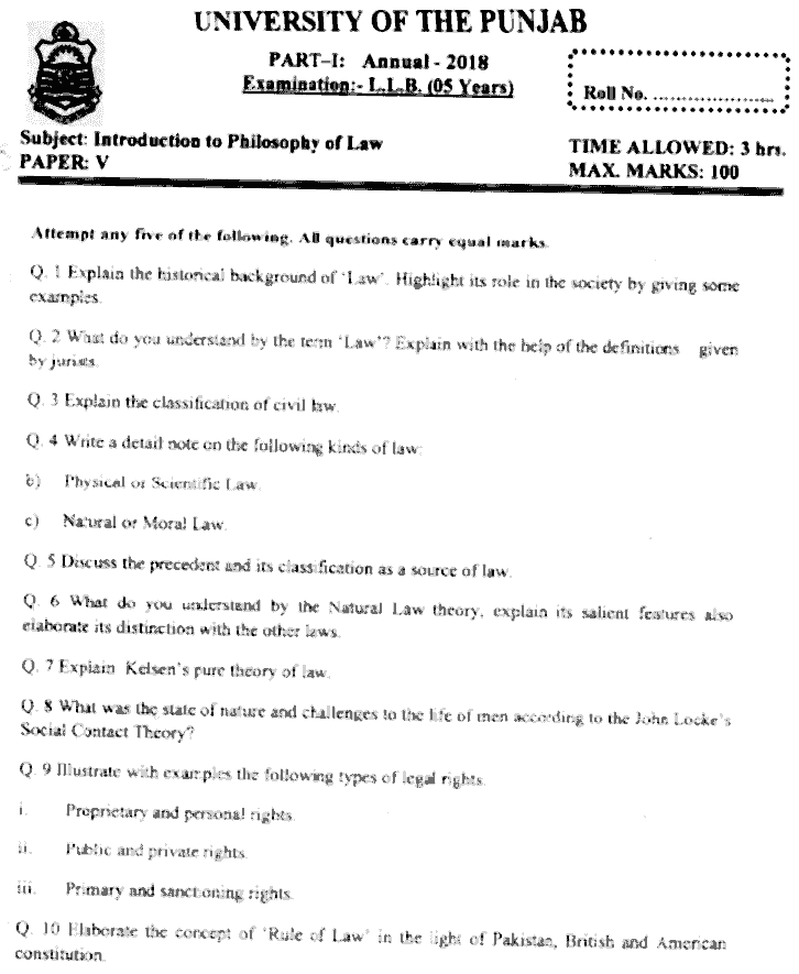 LLB Part 1 Introduction To Philosophy Of Law Past Paper 2018 Punjab University