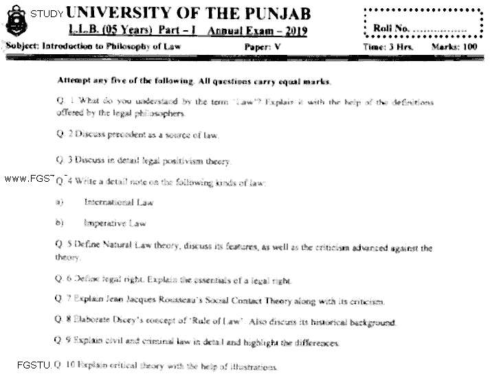 LLB Part 1 Introduction To Philosophy Of Law Past Paper 2019 Punjab University