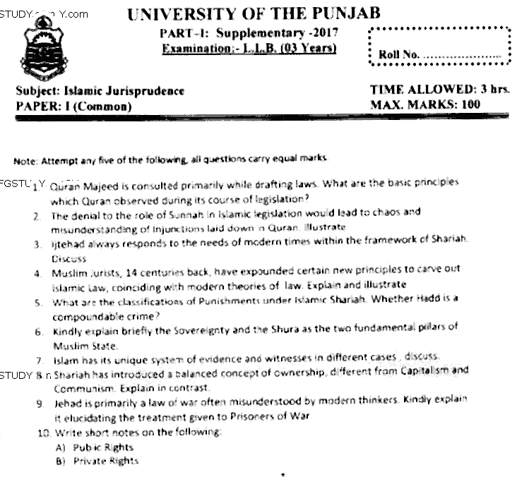 LLB Part 1 Islamic Jurisprudence Past Paper 2017 Punjab University