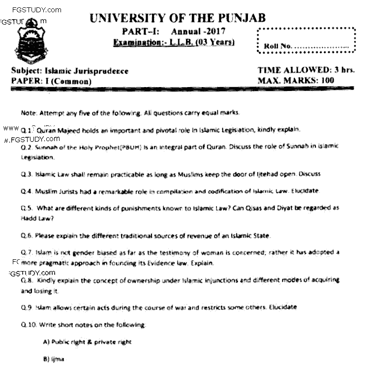 LLB Part 1 Islamic Jurisprudence Past Paper 2017 Punjab University