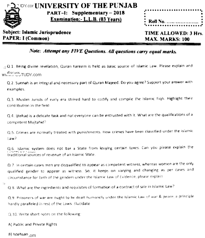 LLB Part 1 Islamic Jurisprudence Past Paper 2018 Punjab University