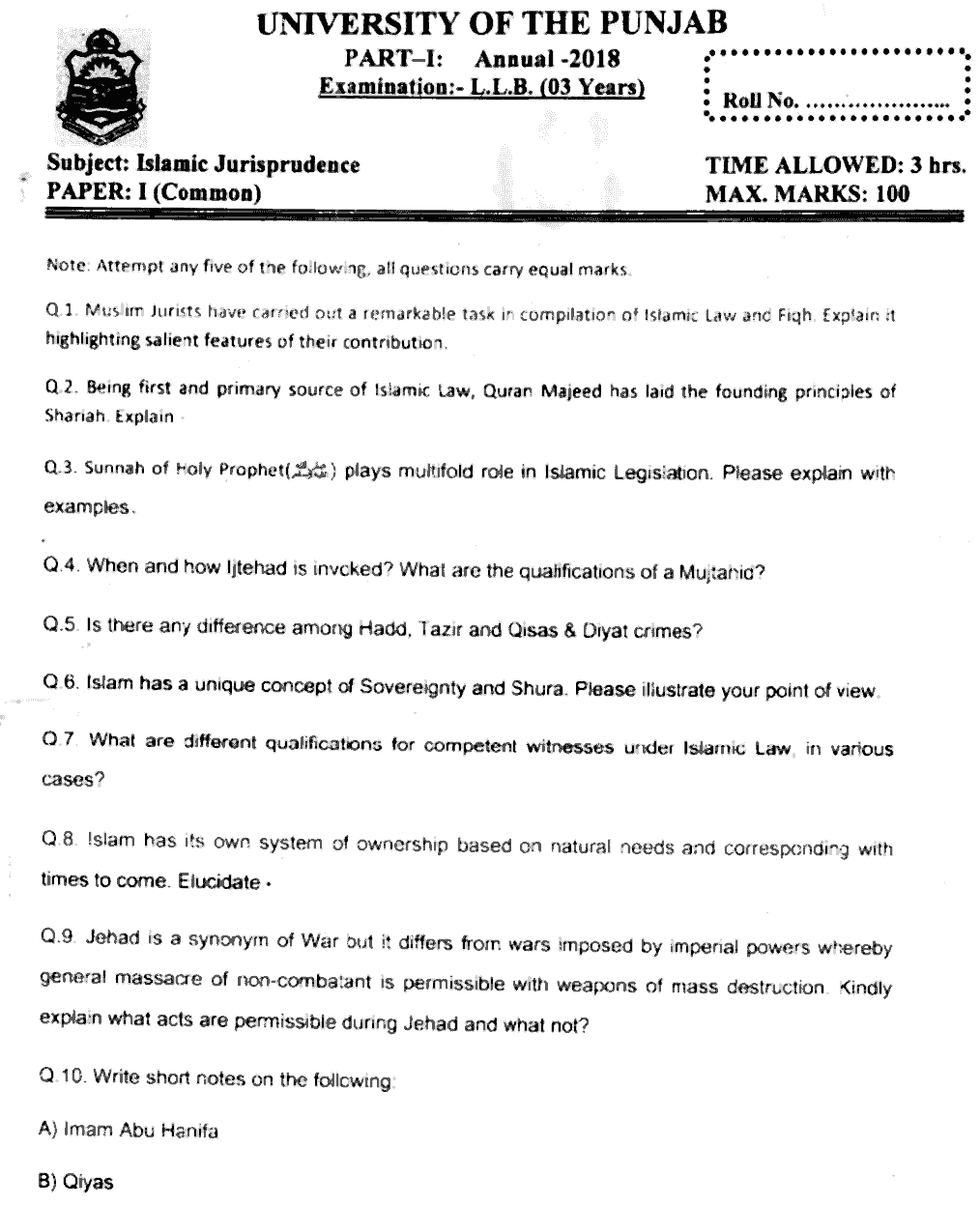 LLB Part 1 Islamic Jurisprudence Past Paper 2018 Punjab University