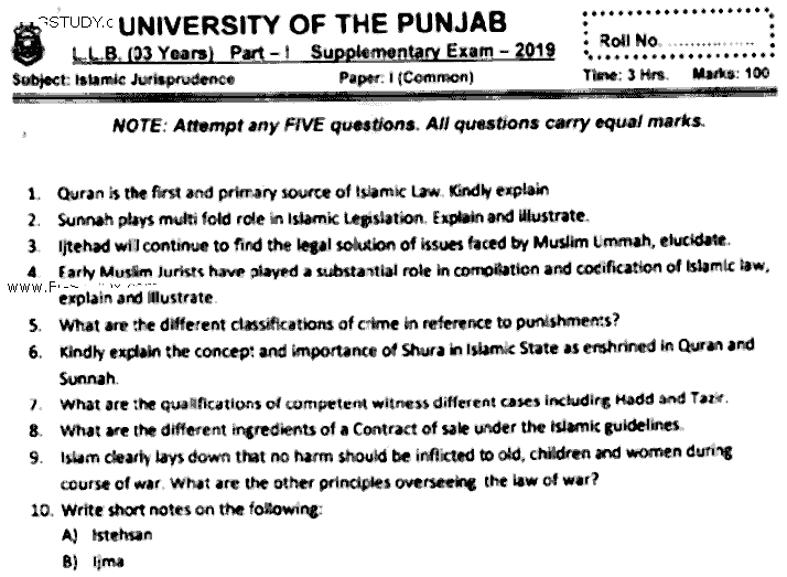 LLB Part 1 Islamic Jurisprudence Past Paper 2019 Punjab University
