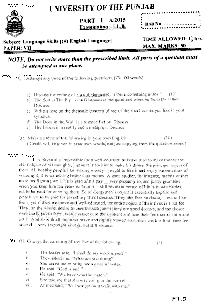 LLB Part 1 Language Skills 2 English Language Past Paper 2015 Punjab University