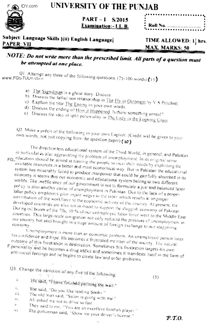 LLB Part 1 Language Skills 2 English Language Past Paper 2015 Punjab University