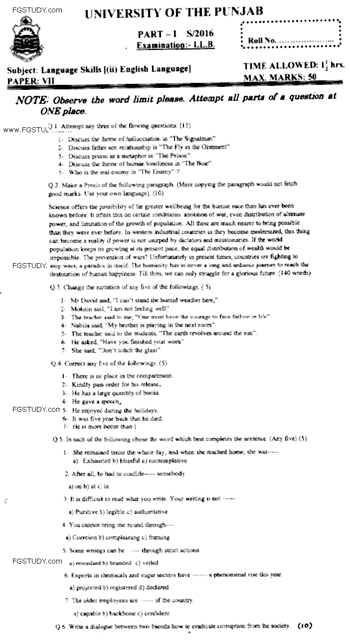 LLB Part 1 Language Skills 2 English Language Past Paper 2016 Punjab University