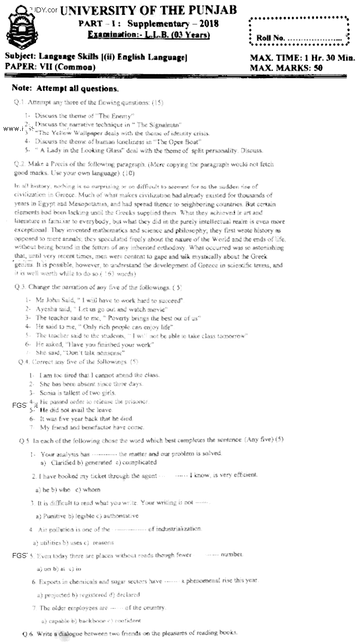 LLB Part 1 Language Skills 2 English Language Past Paper 2018 Punjab University