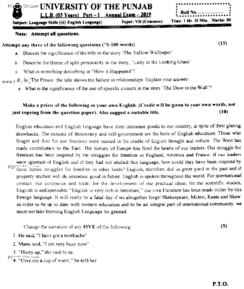 LLB Part 1 Language Skills 2 English Language Past Paper 2019 Punjab University