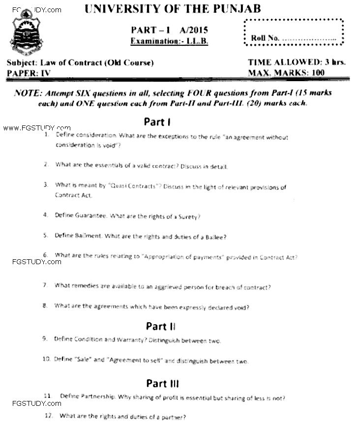LLB Part 1 Law Of Contract Past Paper 2015 Punjab University
