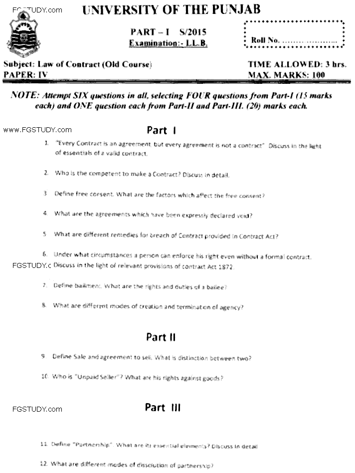 LLB Part 1 Law Of Contract Past Paper 2015 Punjab University