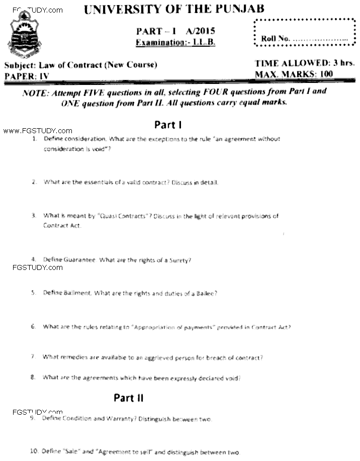 LLB Part 1 Law Of Contract Past Paper 2015 Punjab University