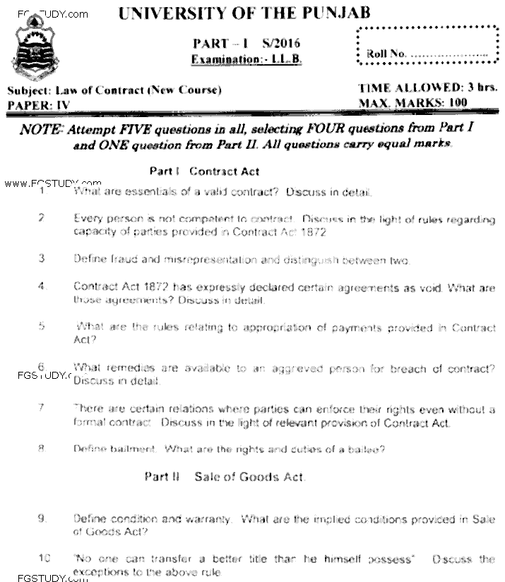 LLB Part 1 Law Of Contract Past Paper 2016 Punjab University