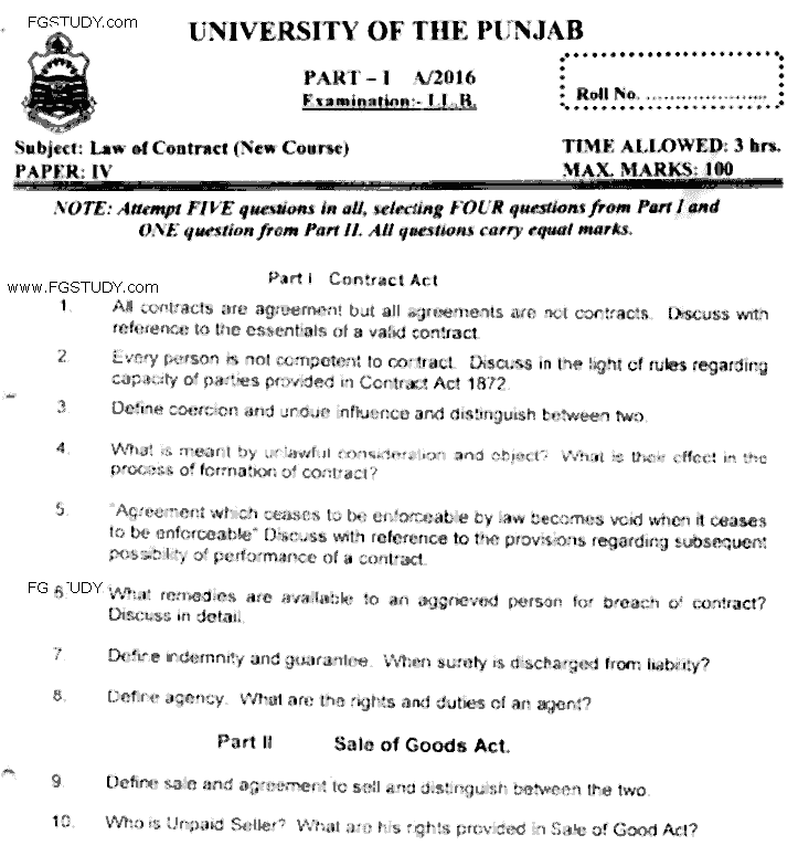 LLB Part 1 Law Of Contract Past Paper 2016 Punjab University