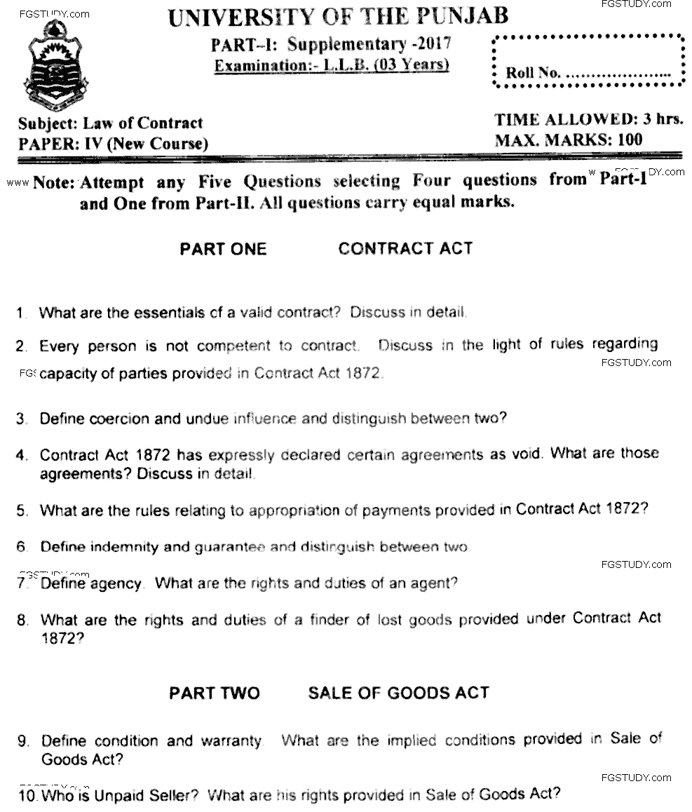 LLB Part 1 Law Of Contract Past Paper 2017 Punjab University