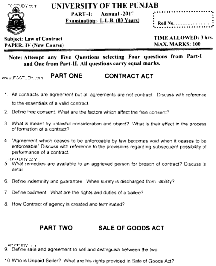 LLB Part 1 Law Of Contract Past Paper 2017 Punjab University