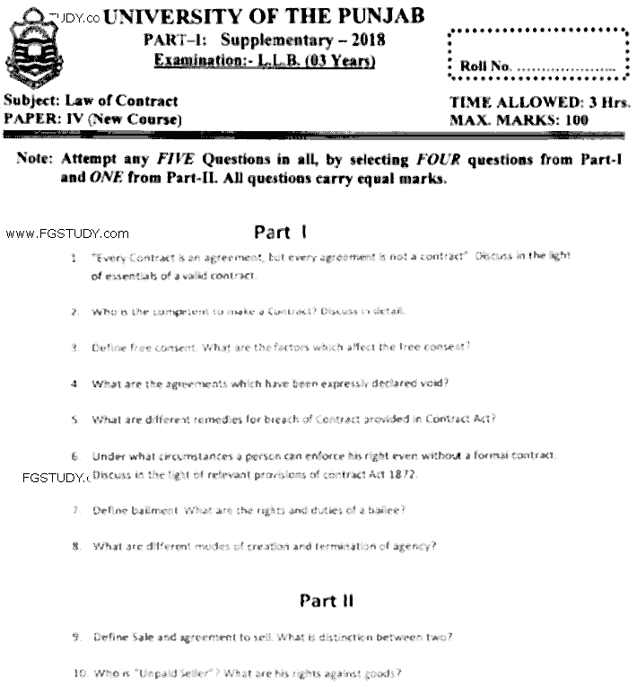 LLB Part 1 Law Of Contract Past Paper 2018 Punjab University
