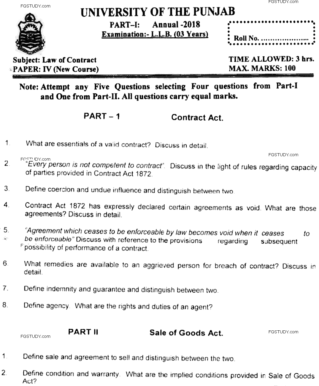 LLB Part 1 Law Of Contract Past Paper 2018 Punjab University
