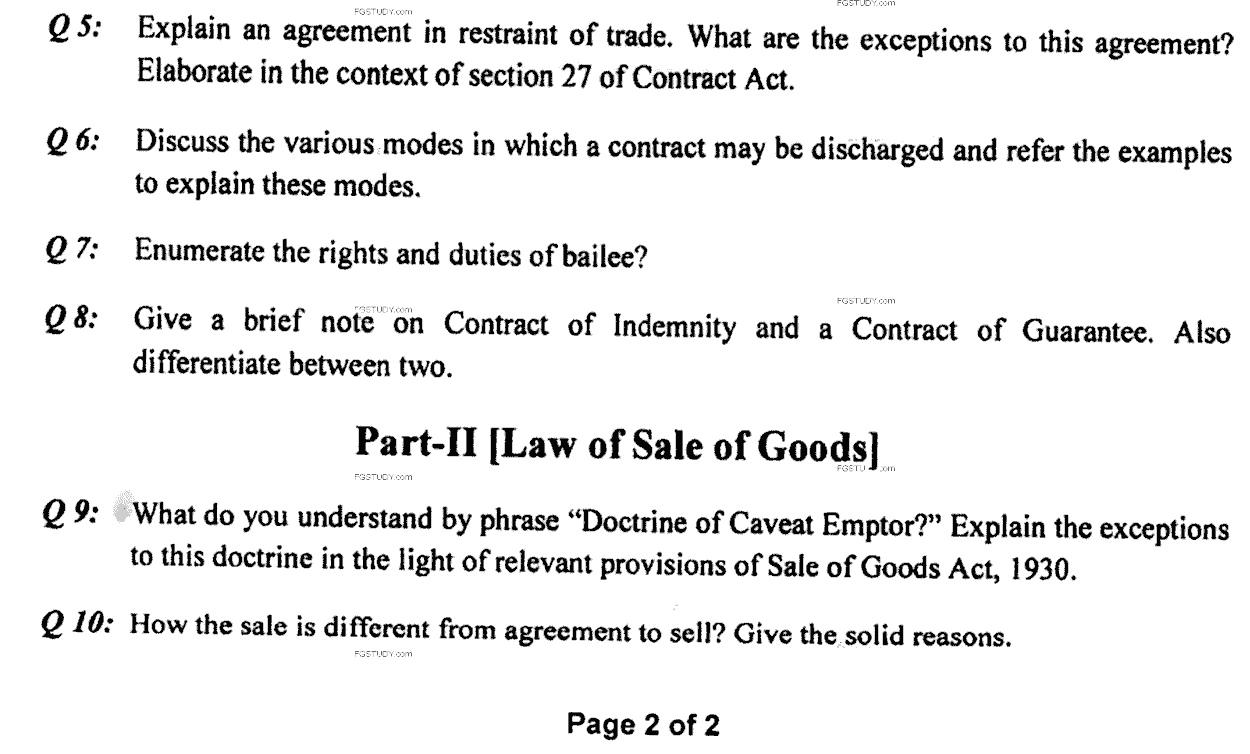 LLB Part 1 Law Of Contract Past Paper 2020 Punjab University