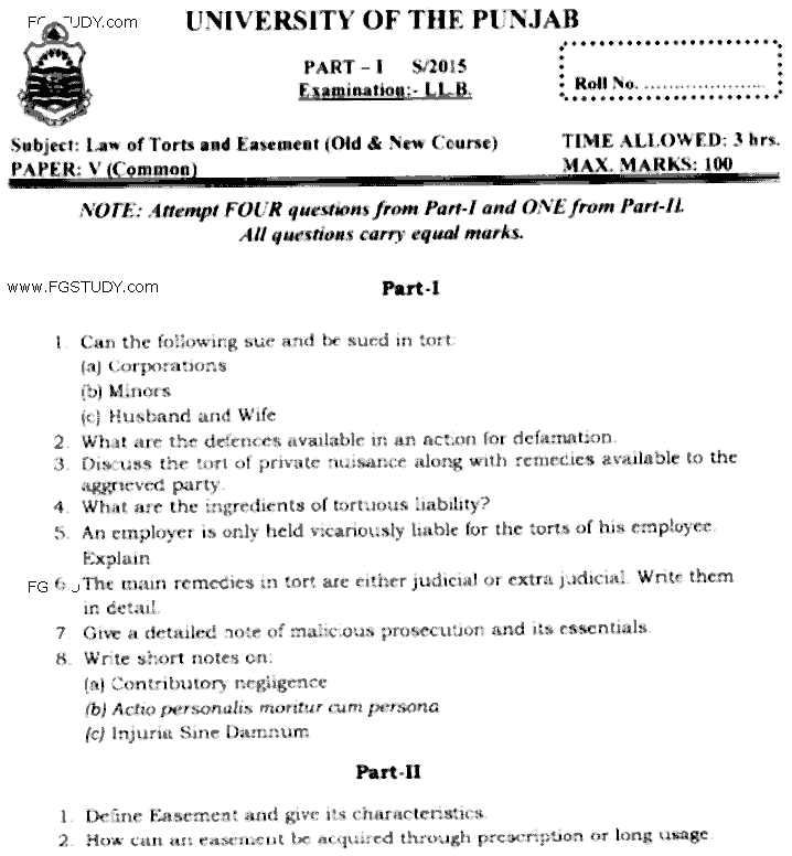 LLB Part 1 Law Of Torts Easement Past Paper 2015 Punjab University