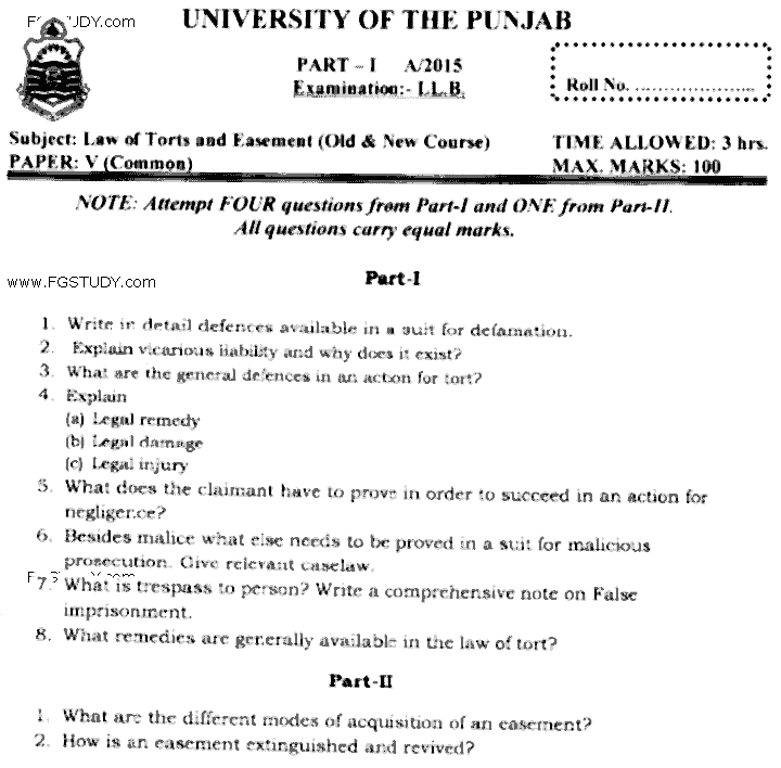 LLB Part 1 Law Of Torts Easement Past Paper 2015 Punjab University