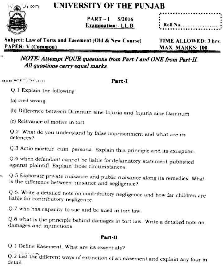 LLB Part 1 Law Of Torts Easement Past Paper 2016 Punjab University