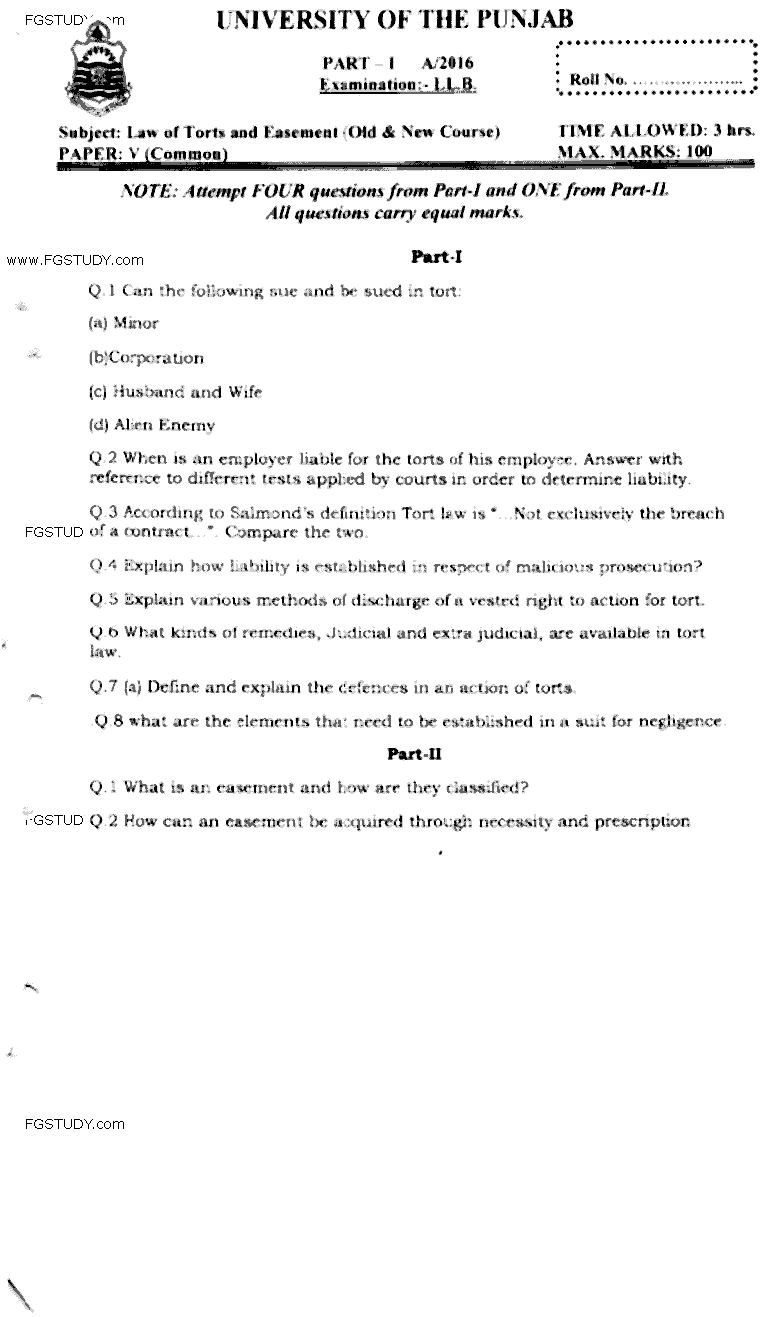LLB Part 1 Law Of Torts Easement Past Paper 2016 Punjab University