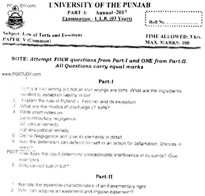 LLB Part 1 Law Of Torts Easement Past Paper 2017 Punjab University