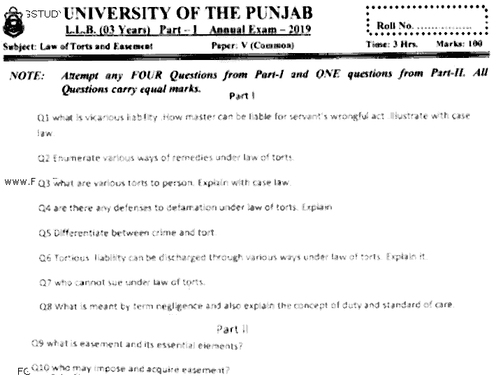 LLB Part 1 Law Of Torts Easement Past Paper 2019 Punjab University