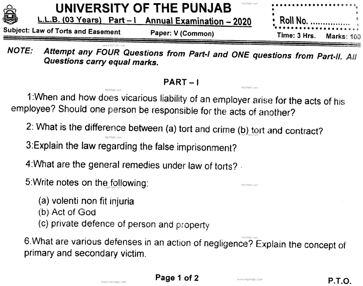 LLB Part 1 Law Of Torts Easement Past Paper 2020 Punjab University