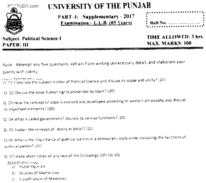 LLB Part 1 Political Science 1 Past Paper 2017 Punjab University