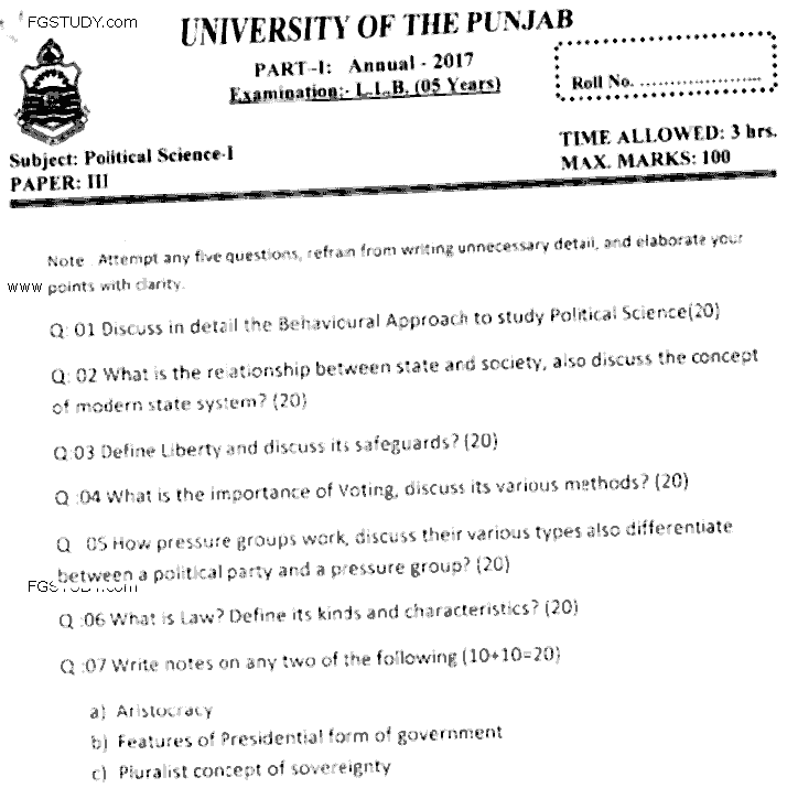 LLB Part 1 Political Science 1 Past Paper 2017 Punjab University