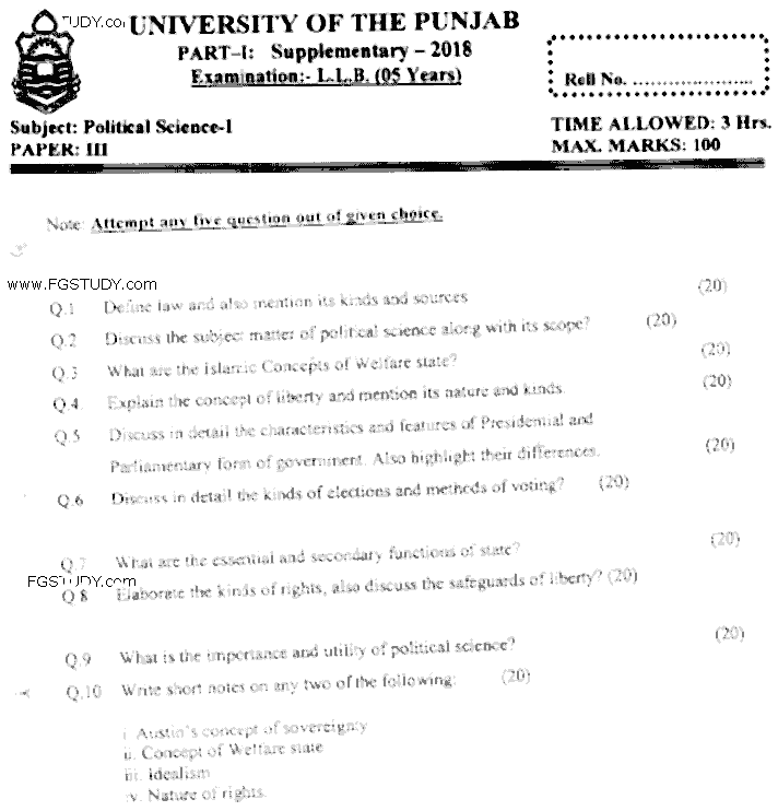 LLB Part 1 Political Science 1 Past Paper 2018 Punjab University