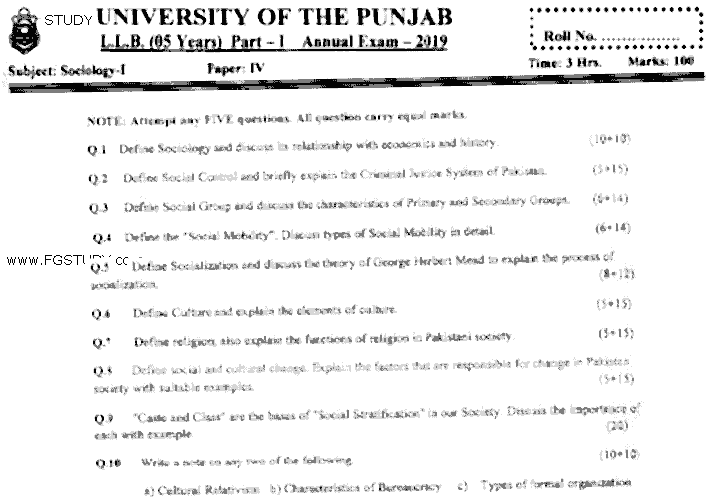 LLB Part 1 Sociology Past Paper 2019 Punjab University