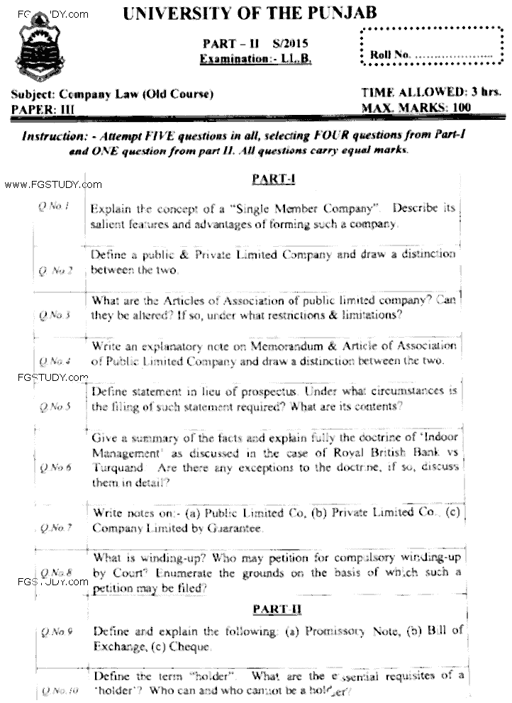 LLB Part 2 Company Law Past Paper 2015 Punjab University