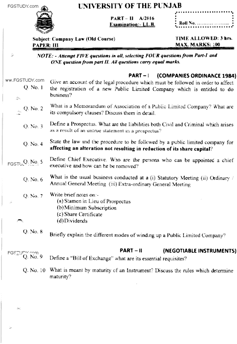 LLB Part 2 Company Law Past Paper 2016 Punjab University