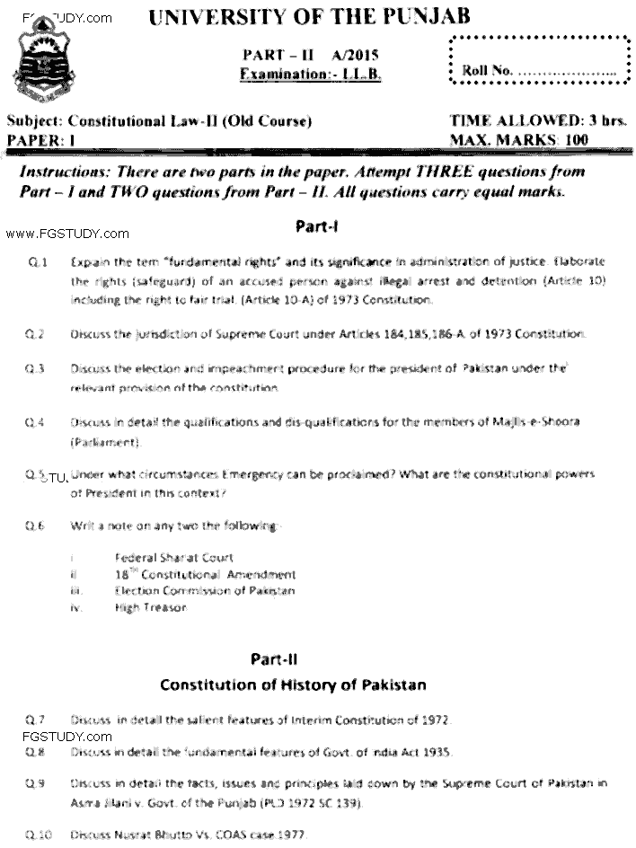 LLB Part 2 Constitutional Law 2 Past Paper 2015 Punjab University