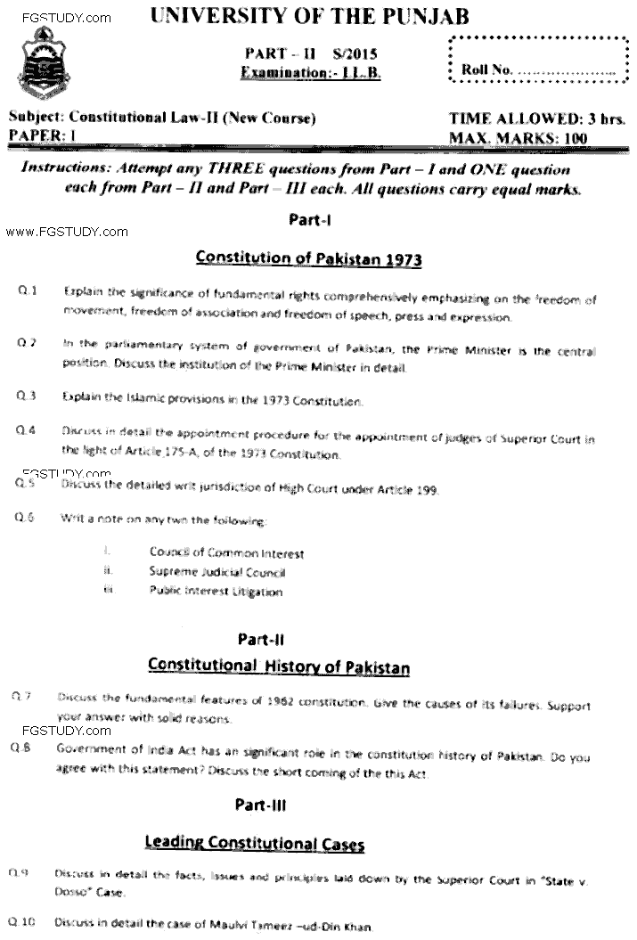 LLB Part 2 Constitutional Law 2 Past Paper 2015 Punjab University