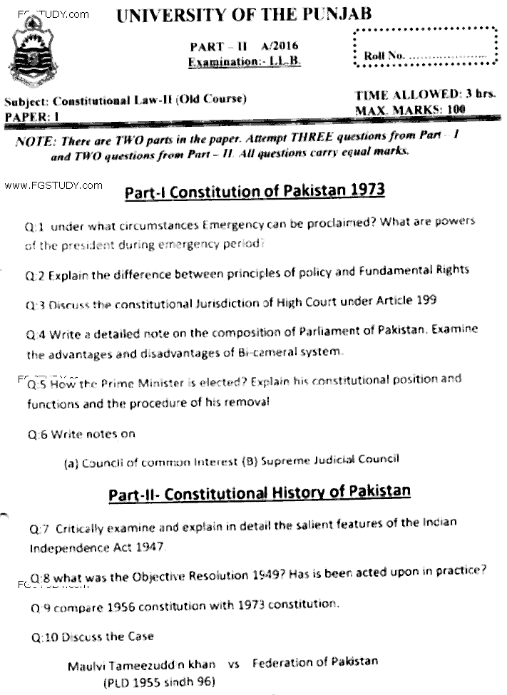 LLB Part 2 Constitutional Law 2 Past Paper 2016 Punjab University
