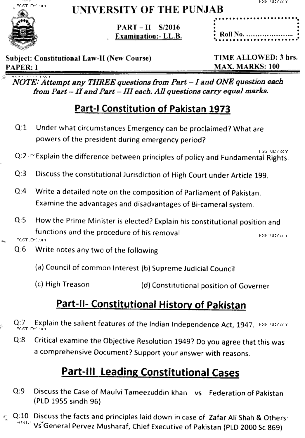 LLB Part 2 Constitutional Law 2 Past Paper 2016 Punjab University