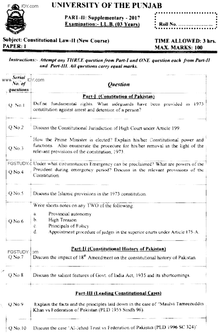 LLB Part 2 Constitutional Law 2 Past Paper 2017 Punjab University