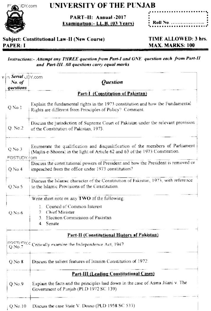 LLB Part 2 Constitutional Law 2 Past Paper 2017 Punjab University