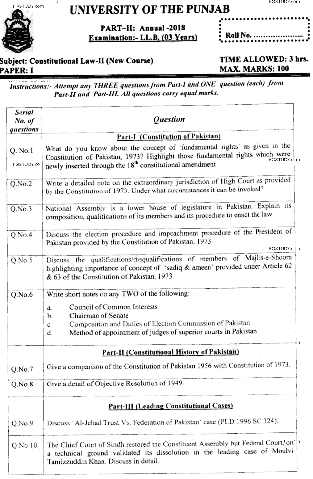 LLB Part 2 Constitutional Law 2 Past Paper 2018 Punjab University
